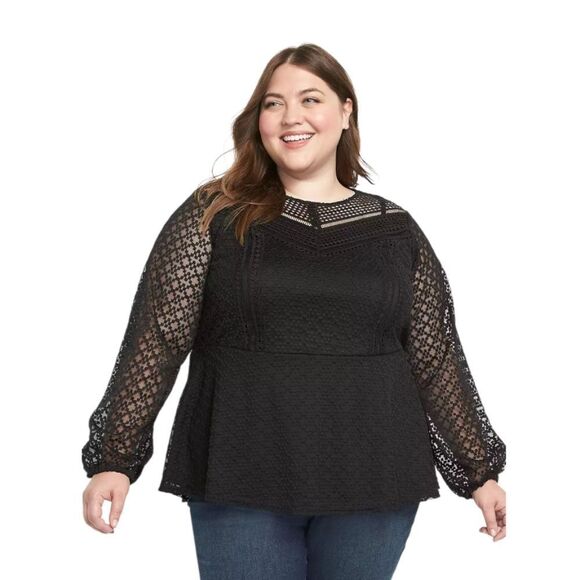 Lane Bryant Black Mock-Neck Illusion Lace Peplum Blouse Women's Plus Size 30/32 - Picture 15 of 16